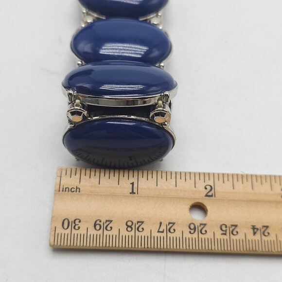Vintage Style Blue Acrylic Stretch Bracelet With Silver Tone Accents - Picture 5 of 5